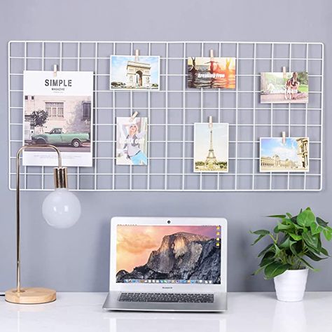 Metal Wall Grid, Postcard Organization, Wooden Shelf Design, Wall Grid, Postcard Display, Photo Hanging, Danish Pastel Room, Grid Panel, Hanging Display