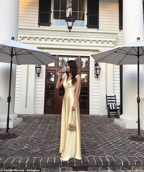 Glammed up: Model Camila Morrone shared a few snaps of herself in the striking gold dress ... Wedding Guest Dress Trends, Gold Dresses, Gold Prom, Spring Wedding Guest, Spring Wedding Guest Dress, Camila Morrone, Gold Gown, Prom Dress Inspiration, Stylish Party Dresses