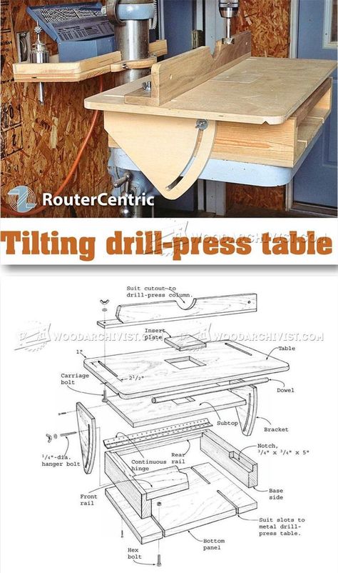 Tilting Drill Press Table - Drill Press Tips, Jigs and Fixtures | WoodArchivist.com Woodworking Drill Press, Table Drill, Press Table, Drill Press Table, Woodworking Plans Beginner, Wood Shop Projects, Router Table, Woodworking Workshop, Drill Press