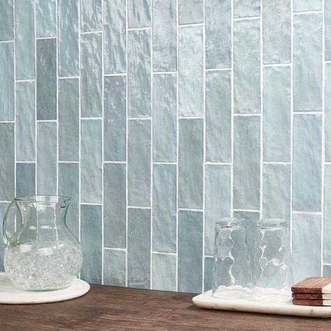 Portmore Sky 3x8 Glazed Ceramic Tile | Tilebar.com Backsplash Wall, Tiles For Wall, Glazed Ceramic Tile, Ceramic Subway Tile, Ivy Hill Tile, Coastal Bathrooms, Blue Tile, Bathroom Wall Tile, Blue Tiles