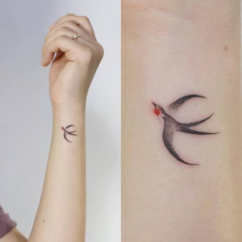 Swallow tattoo on the left inner wrist. Swallow Tattoo Design, Small Animal Tattoos, Animal Tattoos For Men, Animal Tattoos For Women, Wrist Bracelet Tattoo, Tattoos Men, Single Needle Tattoo, Swallow Tattoo, Small Wrist Tattoos