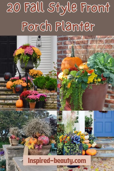 20 Fall Planter Ideas for Front Porch Planter Front Porch, Fall Planter Ideas, Small Porch Ideas, Whiskey Barrel Planter, Big Planters, Ideas For Front Porch, Front Porch Planters, Small Porch, Barrel Planter