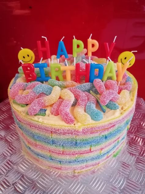 Cake With Gummies, Gummy Cake Birthdays, Gummy Worm Cake Birthday, Gummy Worm Cake, Sour Cake, Custard Frosting, Gummy Bear Cakes, Worm Cake, Vanilla Chiffon Cake