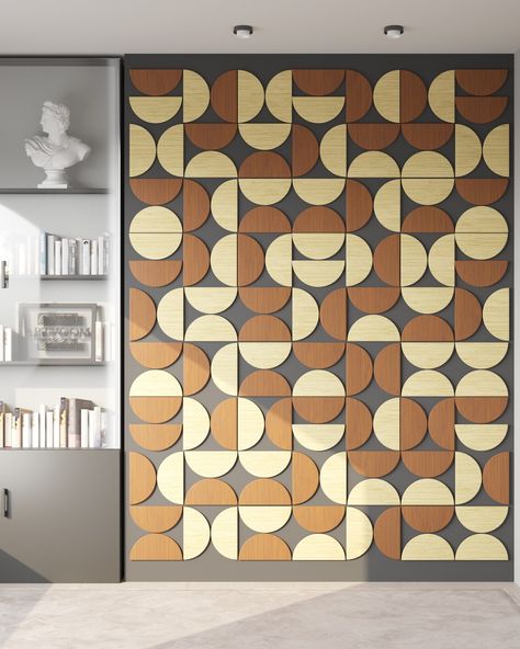 Mcm Wood Wall, Mcm Wood Wall Art, Geometric Wall Panel, Half Circle Accent Wall, Geometric Wood Wall Art Diy Pattern, Diy 3d Wall Art, Mid Century Accent Wall, Wall Art Corner, Mcm Wall Decor