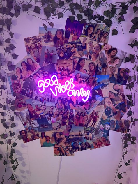 Neon photo wall Picture Wall With Neon Sign, Photo Wall Neon Sign, Neon Sign With Pictures Around It, Neon Photo Wall, Neon Photo, Pic Wall, Colouring Pics, Cute Bedroom Decor, Neon Sign