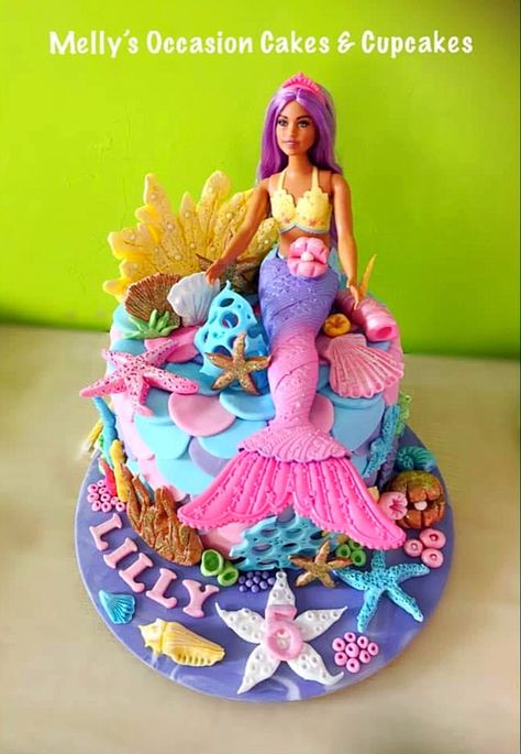 Barbie Mermaid Themed Birthday Cake Barbie Princess Birthday Cake, Mermaid Birthday Cake With Doll, Barbie Cake Birthday Princesses, Mermaid Cake Barbie, Barbie Mermaid Power Birthday, Barbie Mermaid Cake Ideas, Mermaid Cake With Doll, Mermaid Barbie Birthday Cake, Barbie Cake 5th Birthday