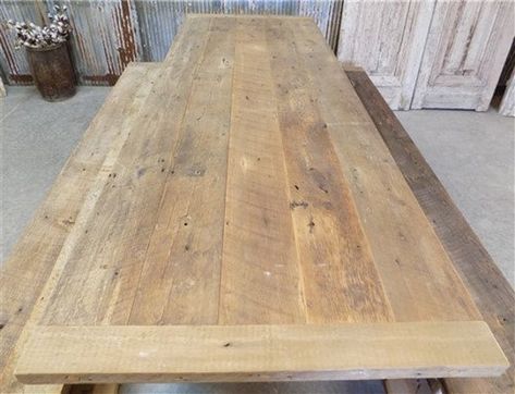 "Amish handcrafted harvest T-leg table and benches are simply stunning in the way only classic, well-made items can be.  Locally made to order by Amish in rural Missouri, this rustic farmhouse table and bench set measures approximately 9' end to end, approximately 34\" front to back, and approximately 31\" in height.  This is a brand new table with two matching benches made from unfinished solid reclaimed pine handcrafted especially to fill your order, which means your dining set will not be the Farmhouse Table And Bench, Glass Pane Door, Oak Wood Desk, Vintage Wooden Desk, Old Wood Doors, Rustic Farmhouse Table, European Doors, Table And Bench Set, Pine Table