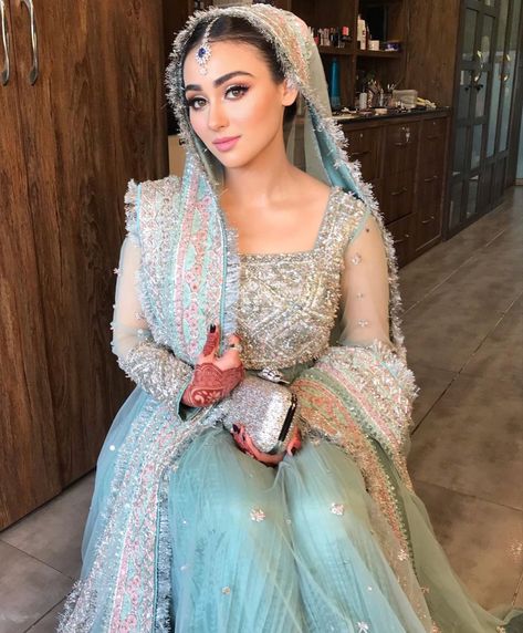 Ice Blue Wedding Dress Pakistani, Blue Wedding Dress Pakistani, Ice Blue Wedding Dress, Ice Blue Wedding, Nikah Bride, Wedding Dress Pakistani, Makeup Engagement, Hussain Rehar, Blue Wedding Dress