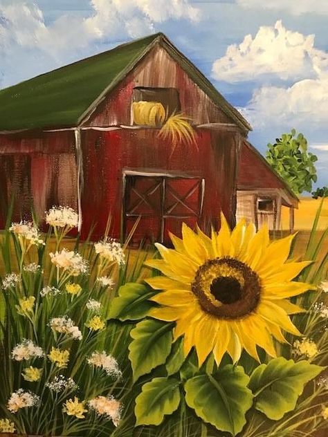 2 Hours of pre-recorded live online instruction with Donna Dewberry, creator of One Stroke painting technique. Features student interaction, close-ups of stroke work and trouble-shooting with Donna. Summer time around a barn can be beautiful, with gorgeous sunflowers blooming around, it makes for a fun landscape painting. Learn perspective for sketching in the barn building as well as the floral strokes to create the flowers. All downloadable videos are non refundable once purchased THIS IS NOT Fall Canvas Painting, Donna Dewberry, Farm Paintings, Fall Canvas, Barn Painting, Barn Art, Donna Summer, Summer Painting, Canvas Painting Diy