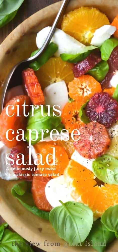 Citrus Caprese Salad with Honey Vinaigrette ~ this is my riff on the classic caprese salad, with bright juicy citrus fruit standing in for the tomatoes. #easy #recipe #salad #sidedish #citrus #caprese #mozzarella #basil #healthy #oranges #tangerine #bloodorange Pioneer Woman Citrus Salad, Citrus Caprese Salad, Unique Caprese Salad, Melon Caprese Salad, Unique Fruit Salad, Citrus Theme Party Food, Citrus Food Ideas, Citrus Recipes Dinners, Citrus Appetizers