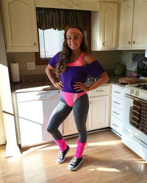 80's workout instructor! Jazzercise Outfits 80s, 80s Aesthetic Workout Outfits, Aerobics Instructor Costume, Workout Instructor Costume, 80s Outfits Workout, 80 Workout Outfits, Jazzercise Costume, 80s Workout Outfit For Women, Diy 80s Outfit Woman