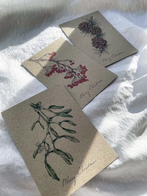 A Set of Christmas Cards 3 Designs Botanical Art - Etsy Sweden Brown Paper Christmas Cards, Christmas Cards Unique, Christmas Cards Elegant, Christmas Cards Aesthetic, Rowan Berries, Unique Christmas Cards, Christmas Card Set, Handmade Christmas Tree, Christmas Tree Cards