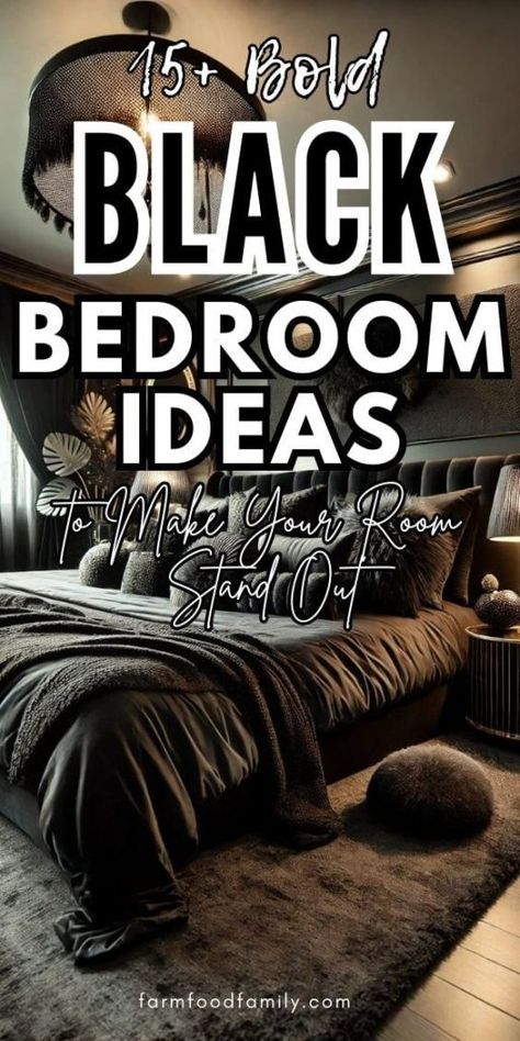 Black Bedroom Decor For Men, Black Walled Bedroom, Black Silver And Gold Bedroom, Black Walls In Bedroom, Black Bedframe Aesthetic, Beige White And Black Bedroom, Black Wall Bedroom Decor, Master Bedrooms Decor Cozy Romantic Dark, Black Theme Bedroom Ideas