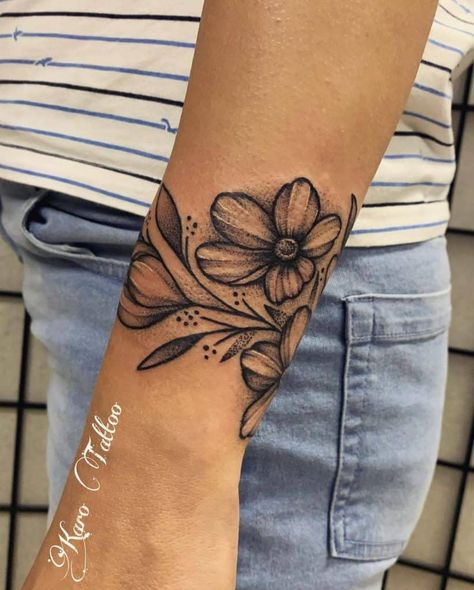 Whole Wrist Tattoos, Side Wrist Tattoo Cover Up, Arrow And Flower Tattoos For Women, Lower Arm Cover Up Tattoos For Women, Inner Wrist Cover Up Tattoos For Women, Sunflower Bracelet Tattoo, Wrap Around Wrist Tattoos For Women, Floral Wrist Wrap Tattoo, Flower Chain Tattoo