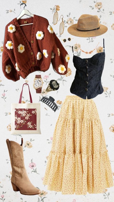 #outfitinspo #cottagecore #witchy #cardigan #sweater #skirt #tops #shirt #boots #shoes #jewelry #bag #accessories #outfit #fashion #fashioninspo #outfitaesthetic #fashionaesthetic #nature #vintage Cottagecore Aesthetic Outfits Winter, Witchy Cardigan, Winter Cottagecore Outfit, Cottagecore Aesthetic Outfits, Skirt Tops, Cottagecore Outfit, Accessories Outfit, Nature Vintage, Cottagecore Outfits