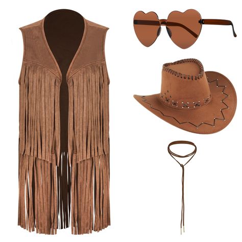 PRICES MAY VARY. Retro Design: This suit is based on the classic hippie style women's fringed vest, using light and modern materials. The collarless cardigan and long fringe design show a sense of fashion, allowing the wearer to stand out in the fashion trend. Western Cowboy Elements: The cowboy hat that combines retro western style is made of polyester felt material, which is strong and can maintain its three-dimensional shape well, adding a unique retro atmosphere to the overall look, showing Cowgirl Costumes For Women, Cowgirl Look Western, Plus Size Cowgirl Outfits Black Women, Country Birthday Outfits, Formal Cowgirl Outfits, Texas Style Fashion, Cowgirl Outfits Black Women, Western Cowgirl Costume, Black Western Outfit