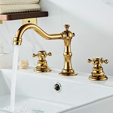 Gold Taps, Black Kitchen Sink, Lavatory Sink, Powder Room Design, Waterfall Faucet, Faucet Accessories, Brass Bathroom, Widespread Bathroom Faucet, Brass Faucet