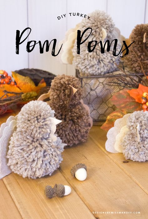 Turkey Pom Poms - Designs By Miss Mandee. I love making pom pom crafts! And these Turkeys are just too cute!! Perfect for a fall or Thanksgiving DIY, and a great craft for the kids to get in on. Fabric Turkey Crafts, Thanksgiving Crafts For Babies, Crafts For Babies, Market Crafts, Thanksgiving Garland, Diy Turkey, Pom Crafts, Cute Turkey, Turkey Crafts