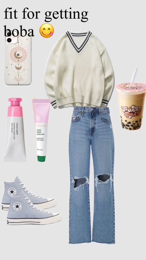 #outfitinspo #koreanfashion #boba Boba Outfit Aesthetic, Boba Tea Date Outfit, Boba Outfit, Boba Tea Outfit, Blue Boba Earrings, Boba Tea T Shirt, All Stars Converse, Converse All Star, Milk Tea