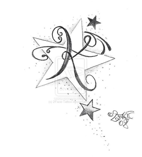 K tattoo. Like the stars. Letter K Tattoo, Partner Tattoo, Letter K Design, F Tattoo, Swirl Tattoo, Tattoo Practice, The Letter K, K Tattoo, Star Tattoo Designs