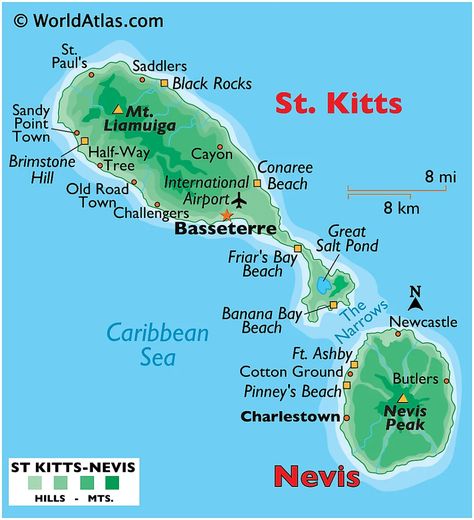 Physical Map of Saint Kitts and Nevis St Kitts Island, America Outline, Nevis Island, Newcastle Beach, Saint Kitts, Salt Ponds, Physical Map, North America Map, Lesser Antilles