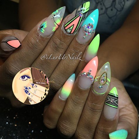 1,418 Likes, 24 Comments - J E A N N E T T E (@iluvurnailz) on Instagram: “Vacation Nails- Neon Yellow, Coral & Turquoise With Black” Mobile Nails, Claw Nails, Exotic Nails, Vacation Nails, Colorful Nail Designs, Neon Nails, Beautiful Nail Designs, Cool Nail Designs, Dope Nails