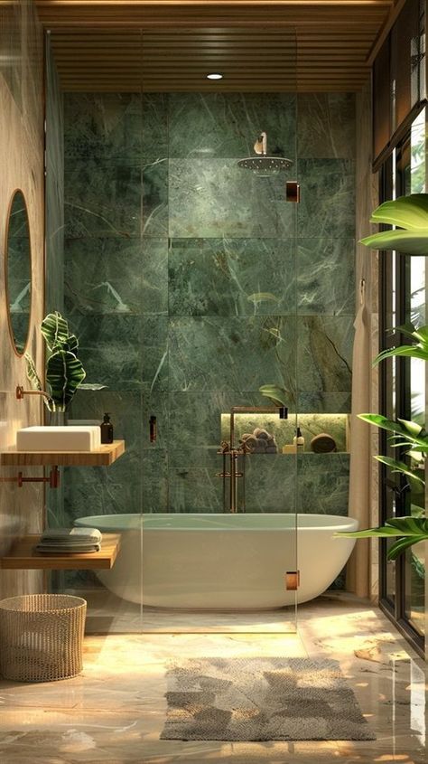 Biophilic Design Bathroom, Biophilic Decor, Biophilic Bathroom, Green Marble Bathroom, Biophilic Interior, Mediterranean Bathroom, Green Tile Bathroom, Functional Bathroom, Deco Bathroom