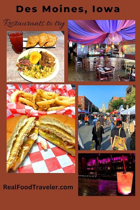 Pinterest pin with images of Des Moines Iowa restaurants. Chicken Spiedini, Maid Rite Sandwiches, Chicken Empanadas, Cat Ice Cream, Restaurants To Try, Protein Food, Culinary Travel, Des Moines Iowa, Tap Room