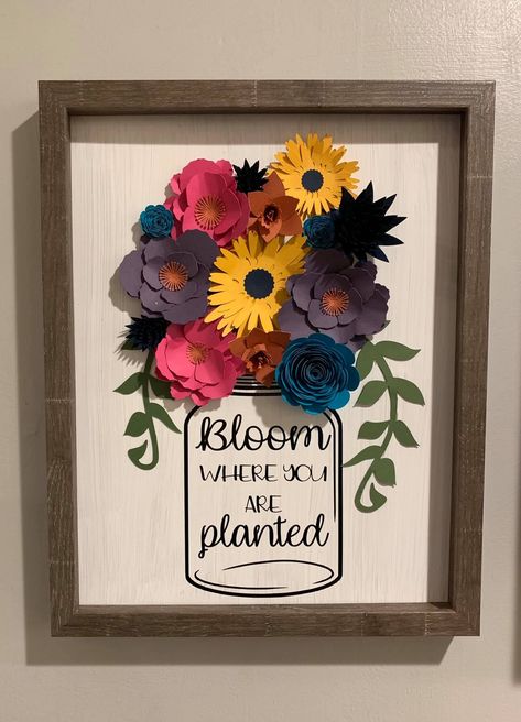 Rolled Flowers Cricut Projects, Rolled Flowers, Plant Signs, Flower Shadow Box, Bloom Where You Are Planted, Spring Diy, Cricut Creations, Dollar Store Crafts, Dollar Store Diy