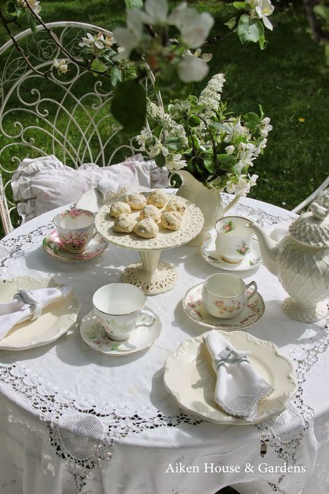 Aiken House  Gardens: A White Garden Tea This is what to do with Mother's white lace rounds and my new white dishes! Afternoon Tea Parties, Chocolate Caliente, Tea Party Garden, English Tea, Tea Garden, White Gardens, My Cup Of Tea, Cups And Saucers, Tea Service