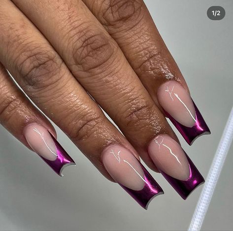 Purple Nail Coffin, Magenta Chrome French Tip Nails, Purple Chrome French Tip Nails Coffin, Purple French Chrome Nails, Light Purple Chrome Nails French Tip, Eggplant Purple Nails, Plum French Tip Nails, Purple Chrome French Tip Nails, Dark Purple French Tip Nails