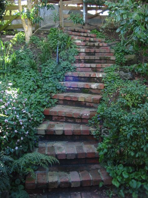 Moon Gate Garden, Weavers Cottage, Brick Stairs, Food Forest Garden, Brick Steps, Brick Garden, Stone Steps, Garden Stairs, Backyard Gardens