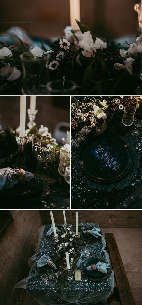 This Constellation Wedding Inspiration Shoot Will Have You Seeing Stars | Junebug Weddings Wedding Under Stars Night, Black And Gold Celestial Wedding, Constellation Table Setting, Night Court Inspired Wedding, Constellation Wedding Cake, Celestial Wedding Table, Midnight Themed Wedding, Moon Wedding Ideas, Constellation Themed Wedding