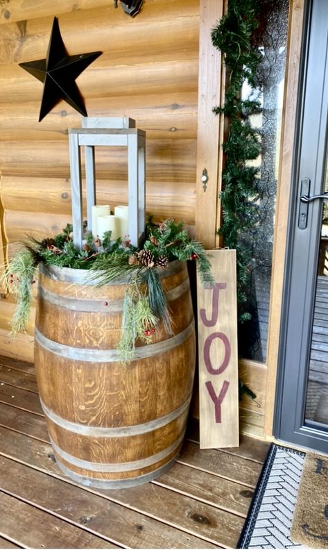 Whiskey Barrel Winter Decor, Christmas Wine Barrel Front Porch, Wine Barrel Decor Ideas, Christmas Barrel Decor, Whiskey Barrel Front Porch Decor, Wine Barrel Christmas Decor, Whiskey Barrel Christmas Decor, Wooden Barrel Ideas, Barrel Decor Ideas