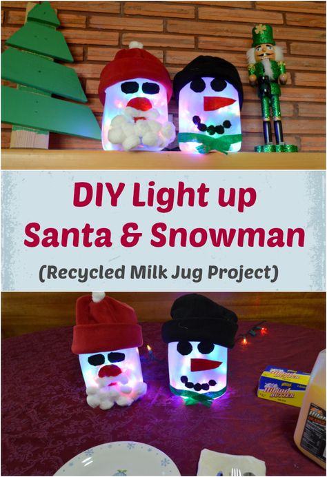 Create simple DIY Light up Santa & Snowman decorations using recycled Hiland Dairy milk jugs, felt, cotton balls and hot glue. Very inexpensive, easy and fun Holiday decoration. #ad #HilandHolidays Christmas Milk Jug Crafts, Milk Jug Christmas Crafts, Milk Jug Crafts For Christmas, Milk Jug Christmas Decorations, Dairy Activities, Milk Jugs Christmas, Milk Jug Projects, Light Up Snowman, Milk Jug Crafts