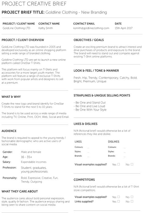 Design Brief Example-1 Fashion Design Brief Example, Client Brief Template, Creative Brief Template Marketing, Creative Brief Template Design, Resource Guide Design, Branding Brief Template, Creative Brief Example, Brand Brief Template, Graphic Design Deliverables