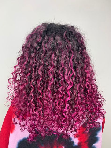 Magenta Highlights Curly Hair, Pink On Curly Hair, Pink Tips Curly Hair, Brown Hair Pink Highlights Curly, Pink Streaks In Curly Hair, Pink Highlights In Black Hair Curly, Curly Brown Hair With Pink Highlights, Pink Underdye Hair Curly, Pink And Brown Curly Hair