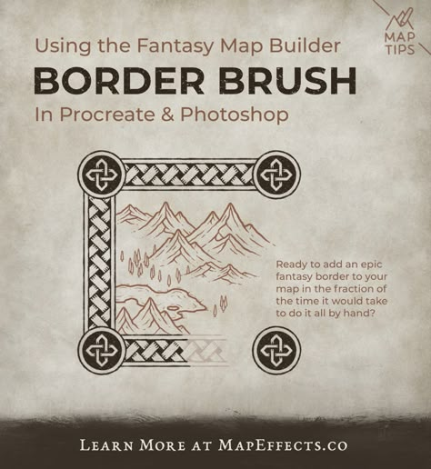 Quickly add a hand-drawn fantasy border to your map with just a few clicks. Tutorial Fantasy Border, Map Effects, Cartography Design, Simple Compass, Map Sketch, Map Drawing, Fantasy Map Making, Drawing Refrences, Map Making