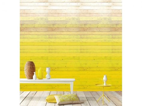 Gradient ombre yellow slat wall. Yellow Ombre Wallpaper, Color Washed Wood, Pallet Wood Wall, Wood Grain Wallpaper, Look Wallpaper, Ombre Wall, Ombre Wallpapers, Yellow Decor, Gorgeous Interiors