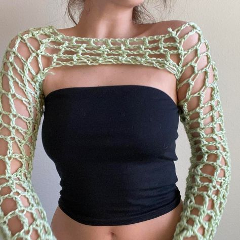 I might be biased but you should probably buy this on Depop 👍 https://depop.app.link/TYUlwLUvCqb Crochet Fish, Net Top, Patterned Crop Top, Stylish Crochet, Green Crochet, Fish Net, Crochet Shrug, Crochet Crop, Crop Top Outfits