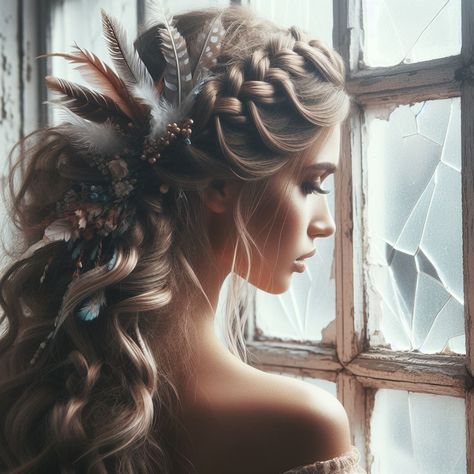 Updo With Feathers, Wedding Hair Feathers, Feathers In Hair Updo, Ethereal Hairstyles Romantic, Rope Hairstyles, Bridesmades Dresses, Witchy Hair, Gothic Stuff, Nordic Wedding