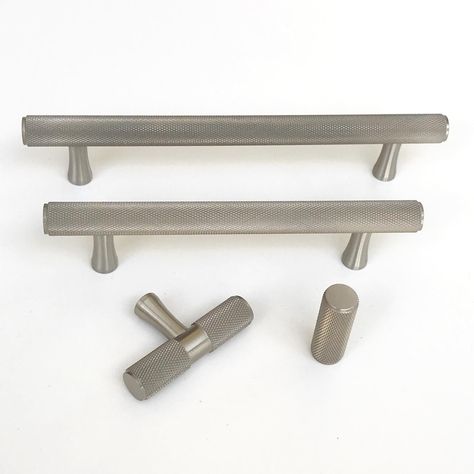 Brushed Nickel Solid "Texture" Knurled Drawer Pulls and Knobs – Forge Hardware Studio Brushed Nickel Kitchen, Grey Drawers, Cabinetry Hardware, Brass Cabinet Handles, Kitchen Drawer Pulls, Drawer Pulls And Knobs, Brass Cabinet Knob, Unique Furniture Pieces, Brass Drawer Pulls