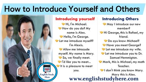 In English; How to Introduce Yourself and Others; Introducing Yourself Hi, I’m Michael. How do you do? My name is English Introduce Yourself, Self Introduce English, How To Study English, Introducing Myself Ideas, Self Introduction In English For Job, Introducing Yourself In English, Self Introduction In English For College, Ways To Introduce Yourself, Study English Grammar