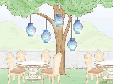 How to Decorate an Outdoor Tree (Lighting Tips & Other Ideas) Handing Lights In Your Trees, Diy Tree Hanging Decor Outdoor, Tree Lanterns Hanging, Tree Lanterns Hanging Backyard, Lantern Hanging From Tree, Lanterns In Trees, Door Tree, Outdoor Tree Lighting, Summer Trees