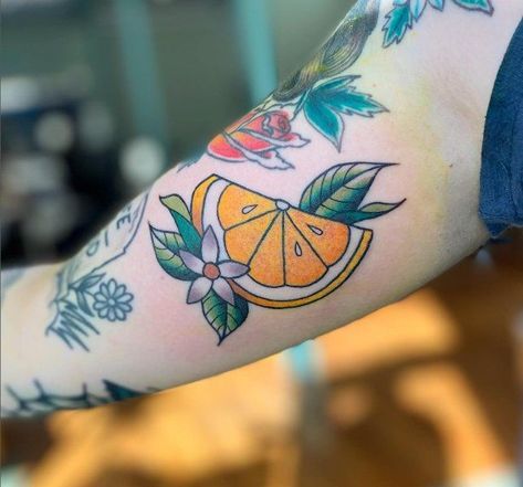 Lemon Tattoo Design, Small Evergreen Trees, Lemon Tattoo, Watermelon Tattoo, Alchemy Tattoo, Fruit Tattoo, American Traditional Tattoo Ideas, Traditional Tattoo Flowers, Traditional Tattoo Ideas