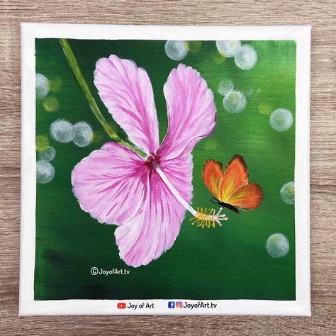 Hibiscus flower and butterfly acrylic painting on canvas by Joy of Art #518 Video is now on You Tube Butterfly Acrylic Painting, Bird Silhouette Art, Acrylic Painting Step By Step, Mini Canvases, Painting Step By Step, Painting Practice, Poster Color, Flower And Butterfly, Mixed Media Art Canvas