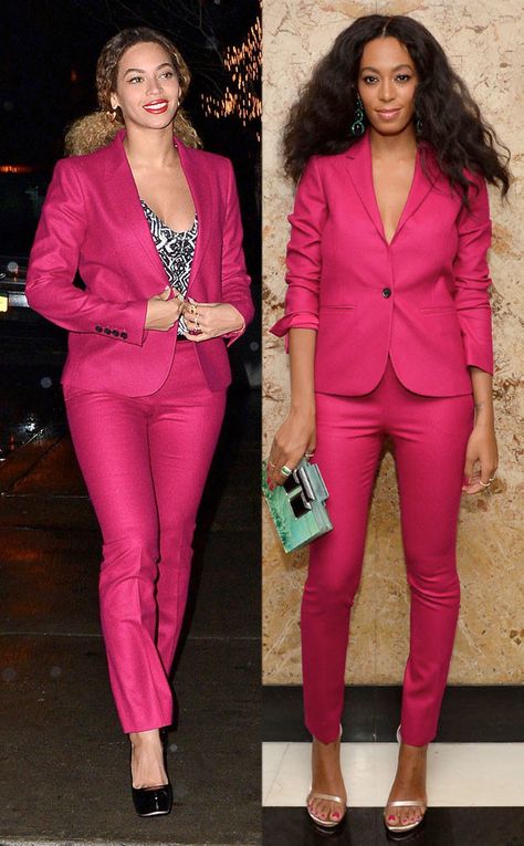 Beyoncé & Solange Knowles from Celebs in Pantsuits  Beyoncé took a note from (or literally borrowed) a page from sister Solange's closet: Both Knowles gals rocked a chic hot pink Gucci suit within months of one another. Beyonce Solange, Hot Pink Suit, Pink Suits Women, Pink Pantsuit, Solange Style, Classy Work Attire, Gucci Suit, Beyonce Outfits, Romantic Date Night