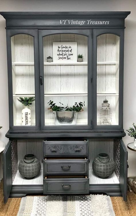 Upcycled China Cabinet, Upcycle Antiques, Dresser Colors, Floating Nightstand Ideas, Hutch Redo, China Cabinet Redo, Furniture Remodel, Modern Floating Nightstand, China Cabinet Makeover