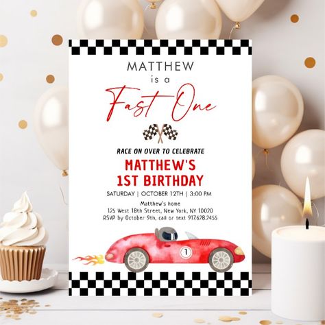 Race Car First Birthday Fast One Invitation - tap to personalize and get yours #Invitation #race #car #birthday, #party, #racing First Birthday Boy Race Car Theme, First Birthday Party Ideas For Boys, Race Car First Birthday, Car First Birthday, Red Race Car, Boy Party Decorations, Racing Birthday, Baby First Birthday Themes, Racing Party