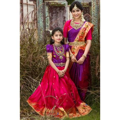 Mom And Daughter Half Saree, Mom And Daughter Traditional Outfits, Lehenga Models, Lehanga Models, Pattu Pavada, Mommy Daughter Dresses, Mom Daughter Matching Dresses, Mom Daughter Outfits